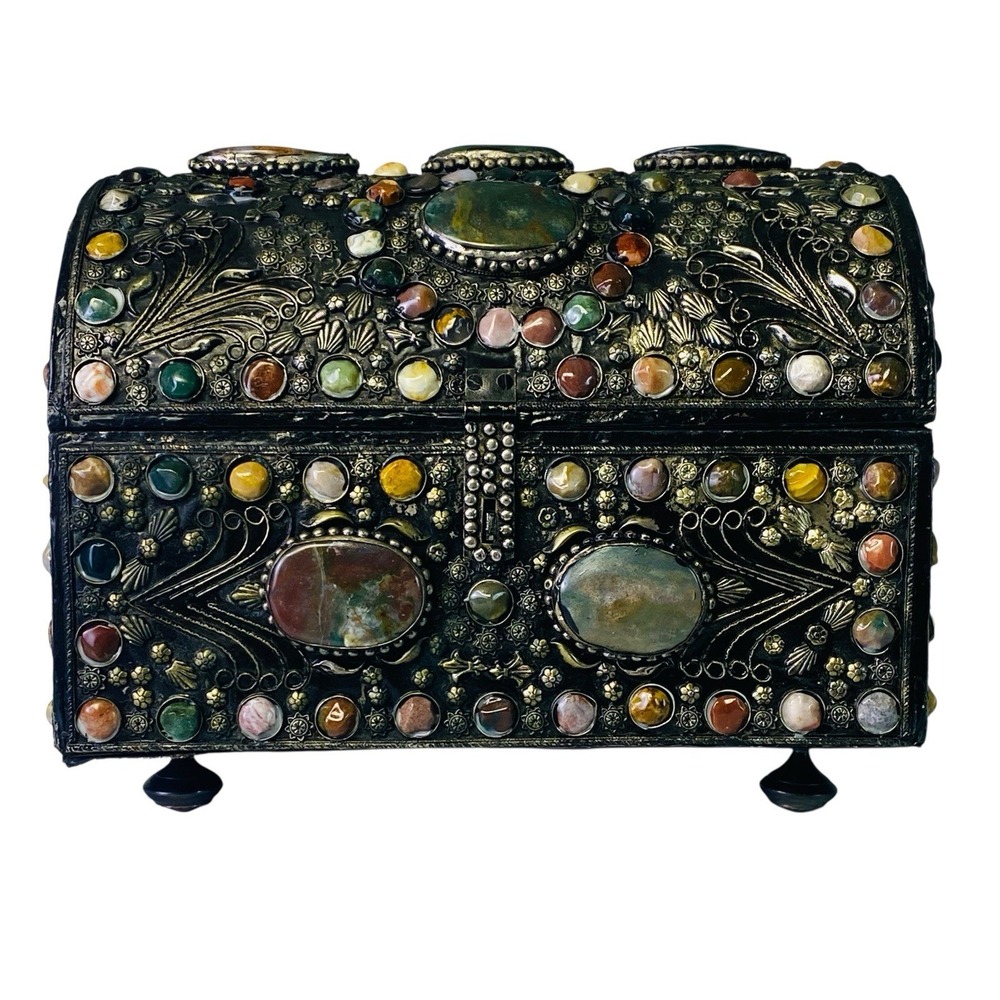 Silver Inlay Semi-Precious Stones Moroccan Wedding Jewelry Chest Trunk Feet Vtg
